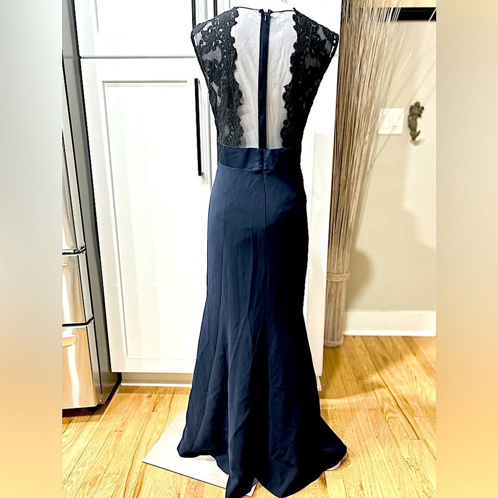 Theia Navy Maxi Dress With Embroidered/Mesh Top